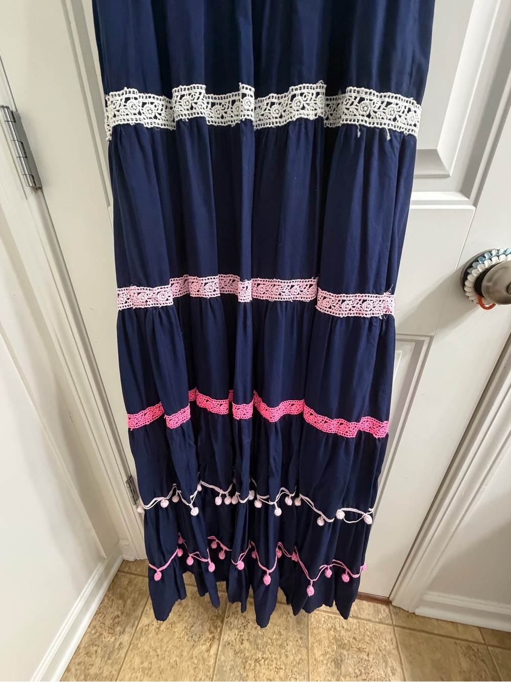 crown & ivy Navy Maxi Sundress Pink and White Lace Accents Sz S Boho Cottagecore - Picture 8 of 9